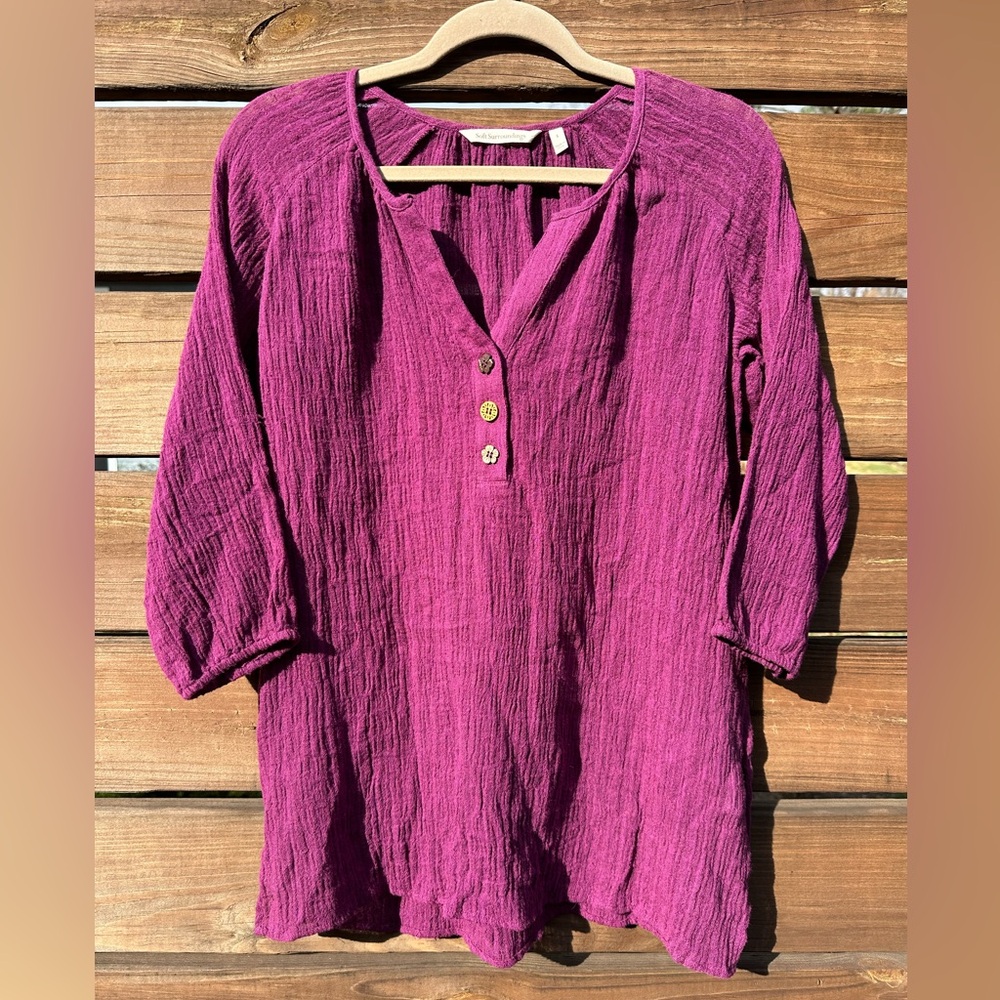 Soft Surroundings Magenta Flower Button 3/4 Sleeve Textured Linen Cotton Blouse